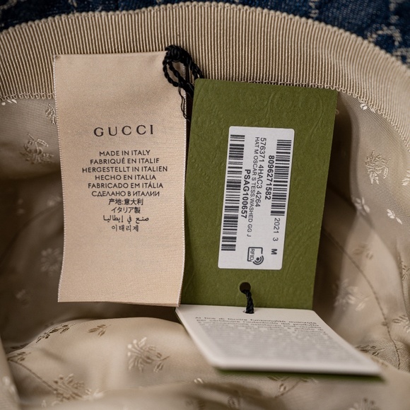 size M - Gucci Blue Denim Bucket Hat GG Monogram Washed Jacquard Leather brim - Picture 4 of 7